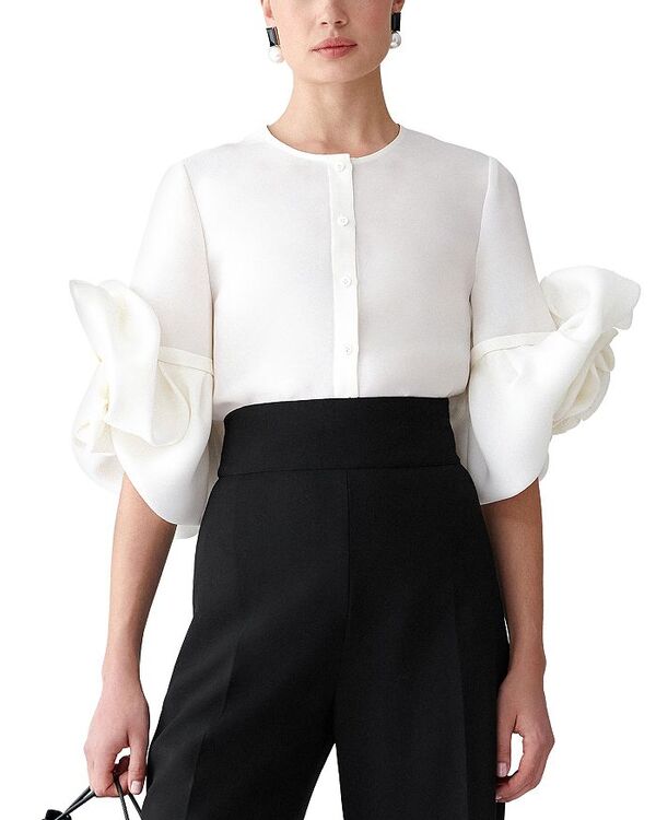 キャロライナヘレラ レディース トップス プルオーバー 御花柄 地絹 トップ 御花 Carolina Herrera Silk Floral Sleeve Blouse White 白いこと
