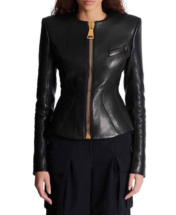 バルマン レディース アウター 上衣・上衣 クロップド 上衣 Balmain Cropped Peplum Lambskin Jacket Black 黒いこと