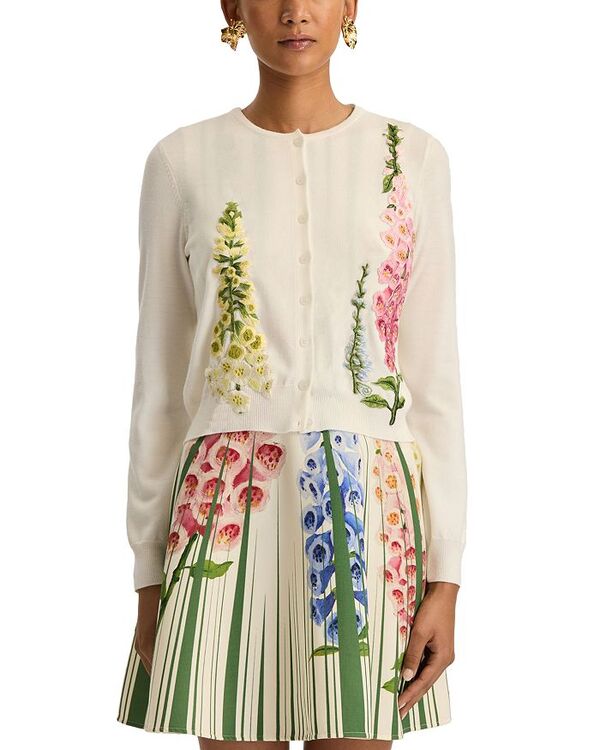 オスカー デ ラ レンタ レディース アウター カーディガン ウール 刺繍 Oscar de la Renta Wool Embroidered Foxglove Cardigan Ivory アイボリー