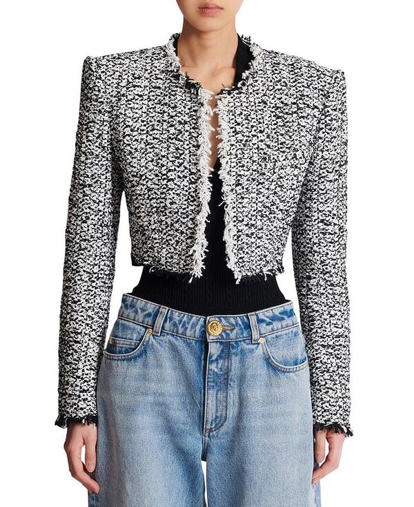 バルマン レディース アウター 上衣・上衣 ツィード クロップド 上衣 Balmain Cropped Tweed Jacket Black 黒いこと