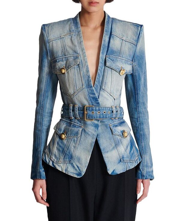 バルマン レディース アウター 上衣・上衣 ジーンズ 上衣 Balmain 1-Button Belted Denim Jacket Blue 青み