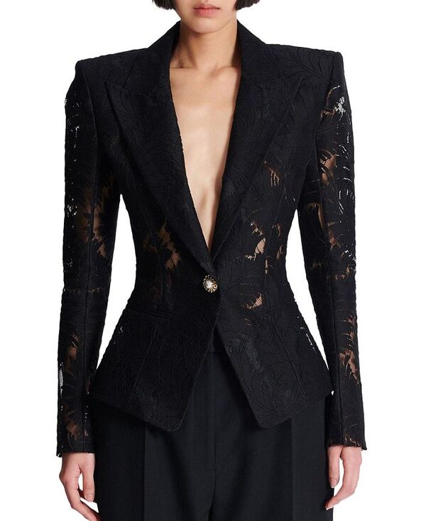 バルマン レディース アウター 上衣・上衣 スピード競技 上衣 Balmain 1-Button Fitted Lace Jacket Black 黒いこと