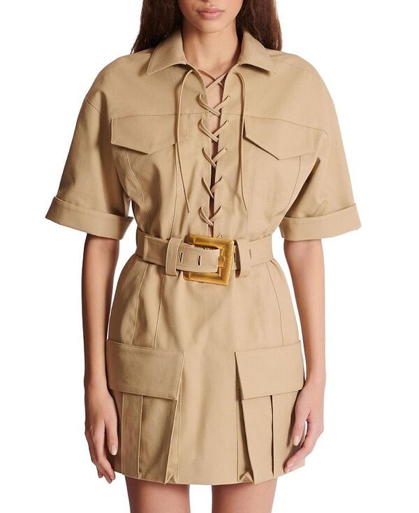 バルマン レディース トップス ワンピース コットン レース Balmain Short Cotton Gabardine Lace-Up Dress Beige ベージュ|ReVida 店
