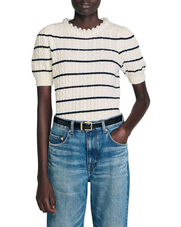 サンドロ レディース アウター ニット・セーター セーター Sandro Faux Pearl Collar Striped Sweater Ecru エクリュ