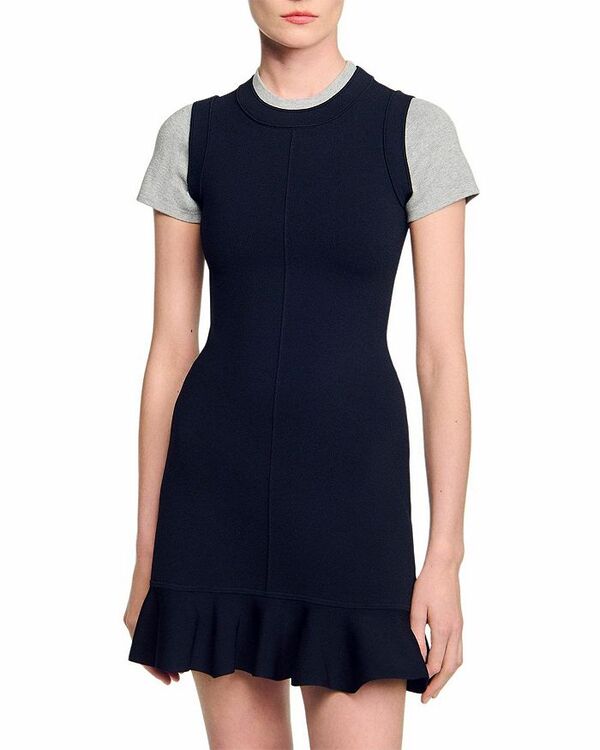 サンドロ レディース トップス ワンピース コントラスト ニット Sandro Contrast Short Sleeve Knit Dress Navy Blue ネイビー