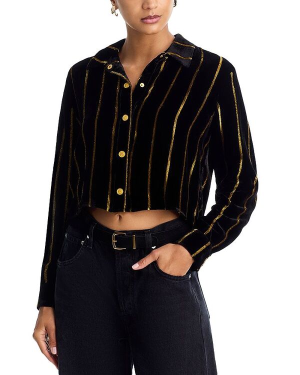 ラジャンス レディース トップス シャツ ベルベット クロップド L'AGENCE Cosette Velvet Stripe Cropped High Low Shirt Black/Gold ブラック|ReVida 店