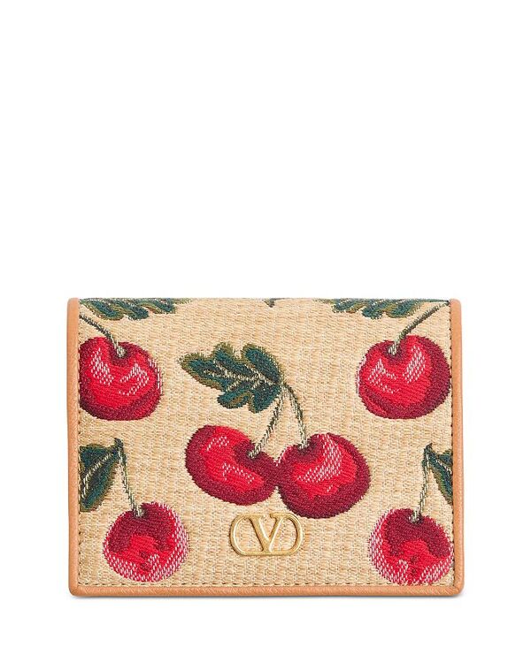 ヴァレンティノ レディース アクセサリー 財布 ロゴ Valentino Garavani VLogo Signature Cherryfic Jacquard Raffia Wallet Natural/Red レッド