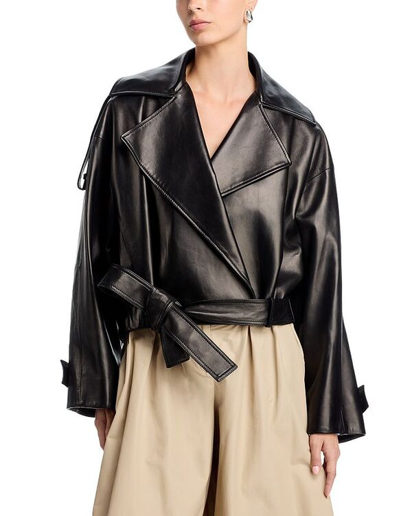 ブランドン・mx レディース アウター 厚地の外套 なめし革 Brandon Maxwell Collins Leather Coat Black 黒いこと