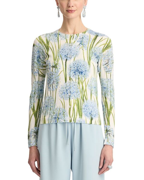 オスカー デ ラ レンタ レディース アウター ジレー 刷り上げる Oscar de la Renta Printed Allium Long Sleeve Cardigan Blue/White 白いこと