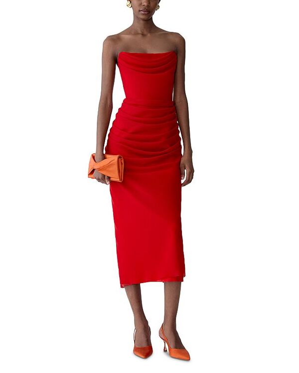 キャロライナヘレラ レディース トップス 衣裳 ドレープ MIDI 地絹 ストラップレス Carolina Herrera Strapless Draped Midi Silk Dress Herrera Red 赤いこと