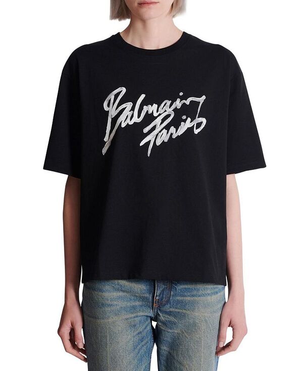 バルマン レディース トップス シャツ プリント Boxy T-Shirt with Balmain Paris Brush Print Black ブラック|ReVida 店