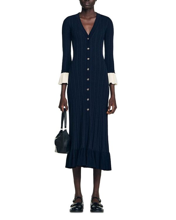 サンドロ レディース トップス ワンピース ニット マキシ Sandro Two Tone Knit Maxi Dress Navy Blue ネイビー｜ReVida 店