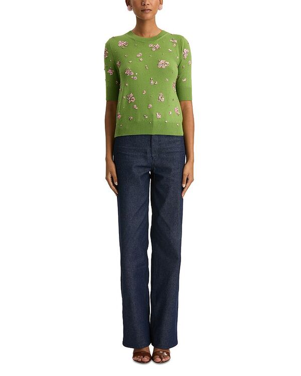 オスカー デ ラ レンタ レディース アウター 編み物・ティーシャツ お花柄 羊毛 お花 Oscar de la Renta Wool Floral Cluster Elbow Sleeve Sweater Green/Pink サクラ色