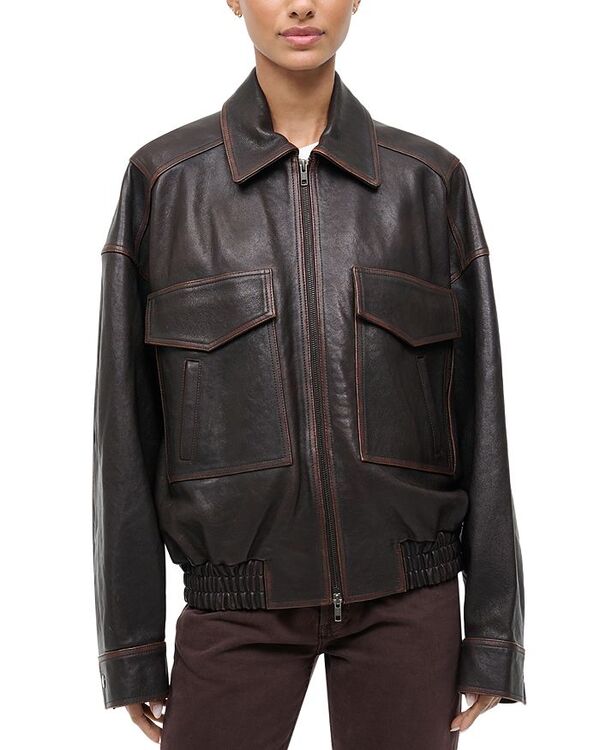 スタウド レディース アウター ジャケット・ブルゾン レザー STAUD Eugene Leather Jacket Distressed