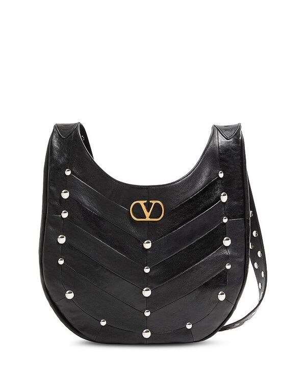 ヴァレンティノ レディース バッグ ロゴ Valentino Garavani Hoboho Studded Chevron VLogo Hobo Shoulder Bag Black ブラック
