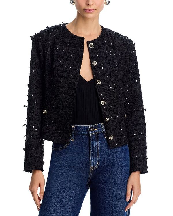 アクア レディース アウター 上衣・上衣 ツィード スパンコール AQUA Ribbon Sequinned Tweed Jacket Black 黒いこと