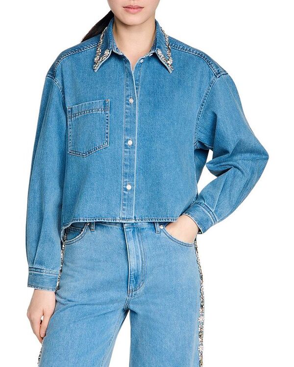 サンドロ レディース トップス シャツ クロップド デニム Sandro Carmella Denim Rhinestone Trim Cropped Shirt Blue Jean ブルー|ReVida 店