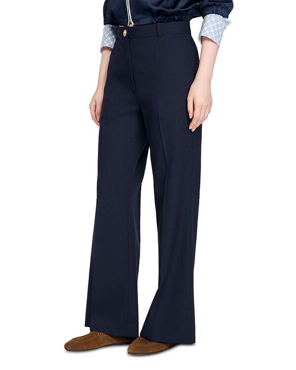 サンドロ レディース ボトムス カジュアルパンツ ワイドレッグ ウール Sandro Lionel Straight Wide Leg Wool Blend Trousers Navy Blue ネイビー｜ReVida 店