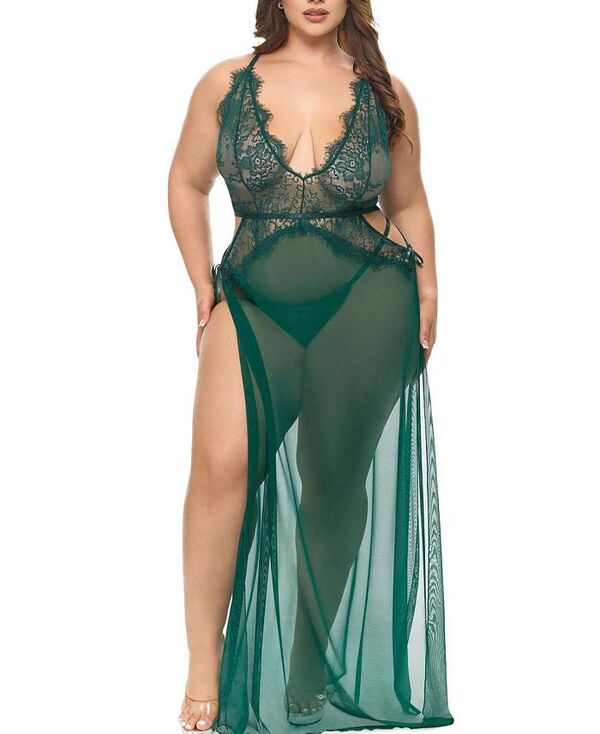 ララシェリ レディース トップス ワンピース プラスサイズ シアー レース Oh La Cheri Plus Cami Sheer Lace Lingerie Gown Rain Forest フォレスト