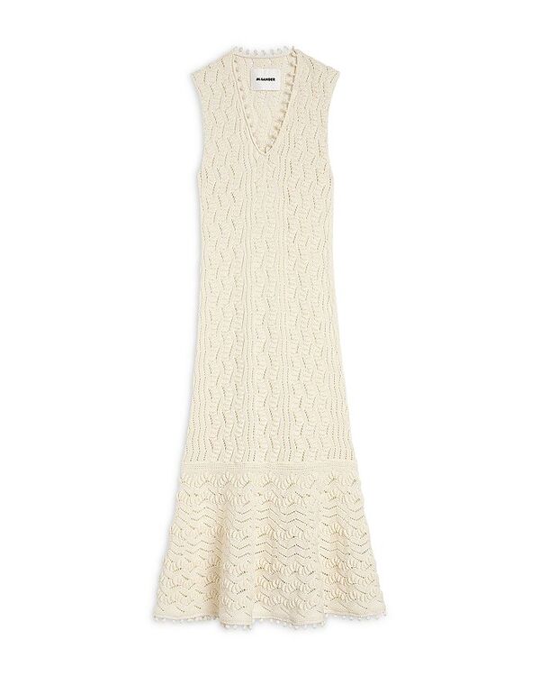 ジル・サンダー レディース トップス 衣裳 Vのど首 ノースリーブ 編み物 Jil Sander Sleeveless Fine Crochet Knit V Neck Dress Eggshell