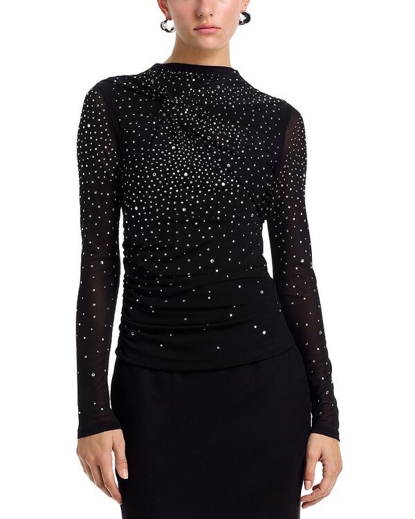 アクア レディース トップス プルオーバー メッシュ プルオーバー AQUA Rhinestone Mesh Jersey Long Sleeve Top - Exclusive Black 黒いこと