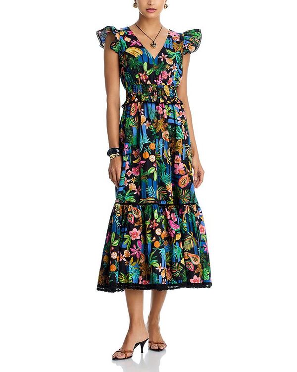 アクア レディース トップス ワンピース Vネック フリル ミディ AQUA Tropical Ruffle Sleeve V Neck Midi Dress - Exclusive Black Multi ブラック 21,075円