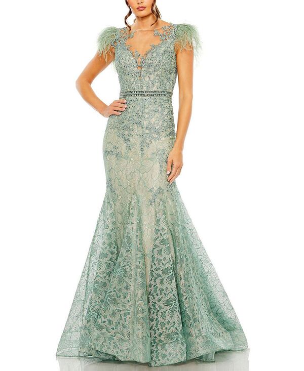 マックダガル レディース トップス ワンピース キャップ Mac Duggal Embellished Feather Cap Sleeve Illusioneck Trumpet Gown Sage セージ 174,900円