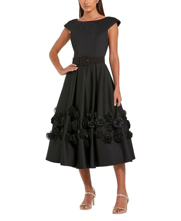 マックダガル レディース トップス 衣裳 A 伝達ルート MIDI 繻子 旗がしら Mac Duggal Satin Cap Sleeve A Line Midi Dress With 3D Flowers Black 黒いこと レディースファッション-ワンピース