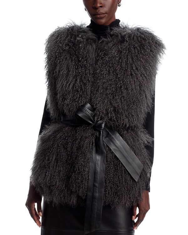 ボス レディース アウター ベスト BOSSantine Belted Mongolian Shearling Vest Dark Grey グレー