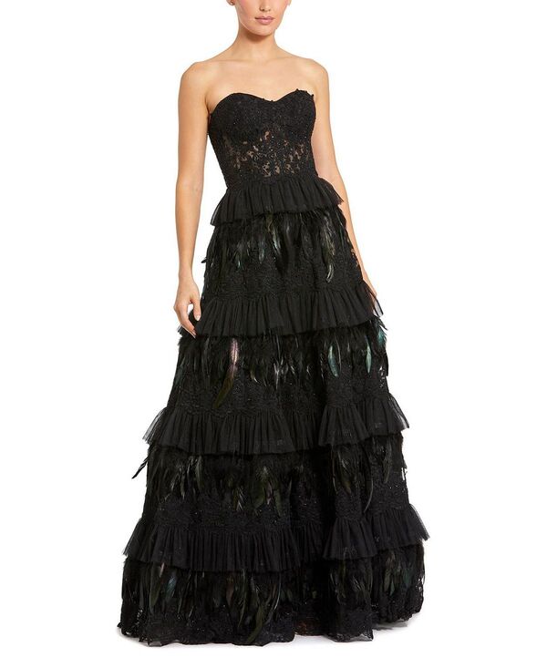 マックダガル レディース トップス ワンピース ティアード ストラップレス レース Mac Duggal Strapless Tiered Lace & Feather Gown Black ブラック
