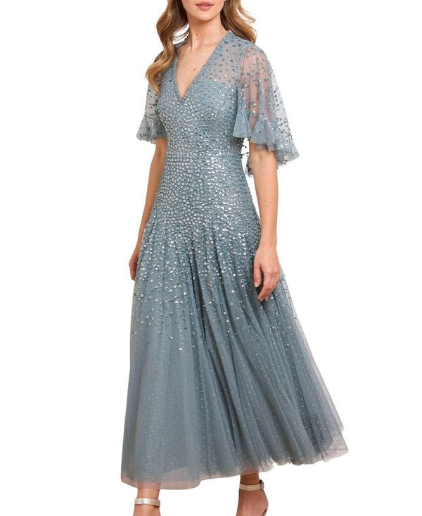 ニードルアンドスレッド レディース トップス ワンピース ケープデザイン スパンコール アンクル キャップ ケープ Needle & Threadappled Sequin Cape Ankle Gown Thistle Blue ブルー｜ReVida 店