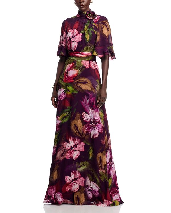 テリジョンバイリッキーフリーマン レディース トップス ワンピース モックネック フラワー柄 フラワー Teri Jon by Rickie Freeman Floral Flutter Sleeve Mock Neck Gown Wine Multi ワイン|ReVida 店