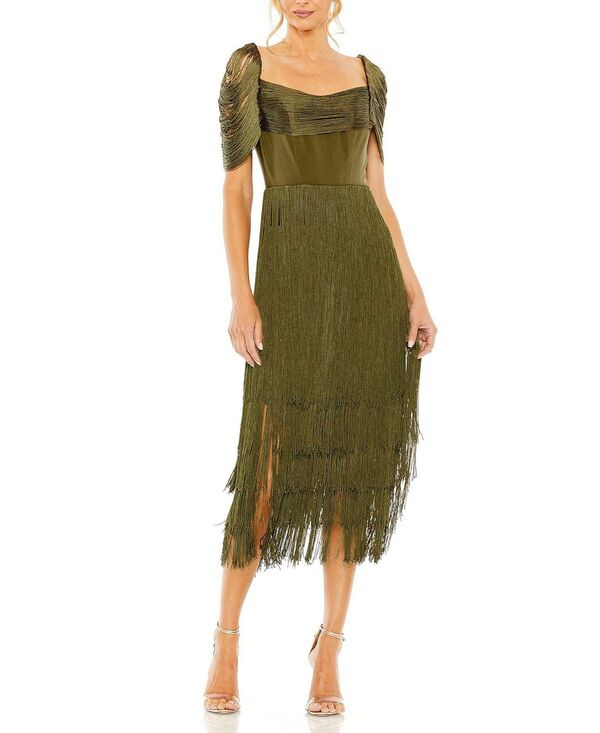 マックダガル レディース トップス 衣裳 MIDI フリンジ Mac Duggal Short Sleeve Fringe Detailed Midi Dress Olive オリーブ ワンピース-レディースファッション