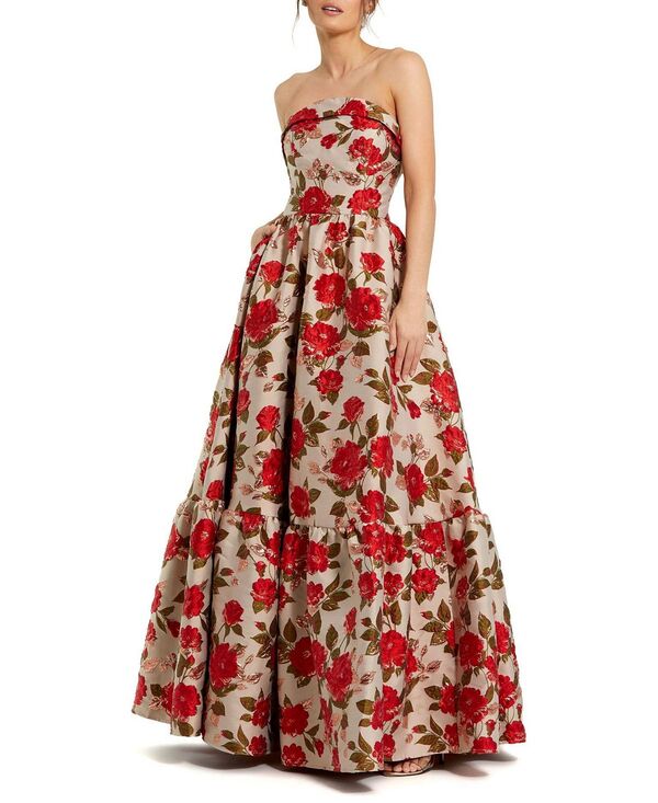 マックダガル レディース トップス 衣裳 フラウンス裾 お花柄 フラウンス ストラップレス お花 Mac Duggal Strapless Floral Brocade Ruffle Hem Detail Gown White Multi 白いこと ワンピース-レディースファッション