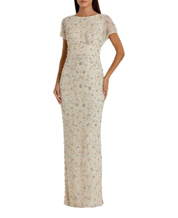 マックダガル レディース トップス 衣裳 お花柄 メッシュ お花 Mac Duggal Floral Embellished Mesh Fitted Blouson Gown Oyster ワンピース-レディースファッション
