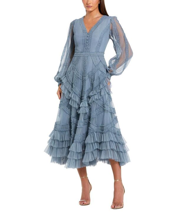 マックダガル レディース トップス ワンピース Vネック フリル メッシュ ミディ Mac Duggalong Sleeve V Neck Mesh Micro Ruffle Midi Dresslate Blue スレート｜ReVida 店