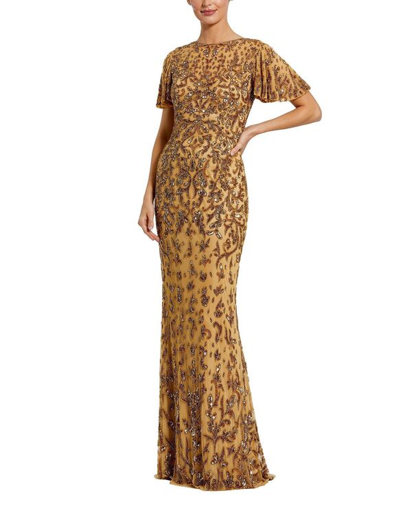 マックダガル レディース トップス ワンピース ハイネック Mac Duggal Embellished High Neck Flutter Sleeve Gownude Gold ゴールド｜ReVida 店