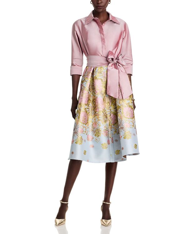 テリジョンバイリッキーフリーマン レディース トップス シャツ フラワー柄 フラワー Teri Jon by Rickie Freeman Mixed Media Floral Jacquard Shirt Dress Dusty Pink ピンク｜ReVida 店