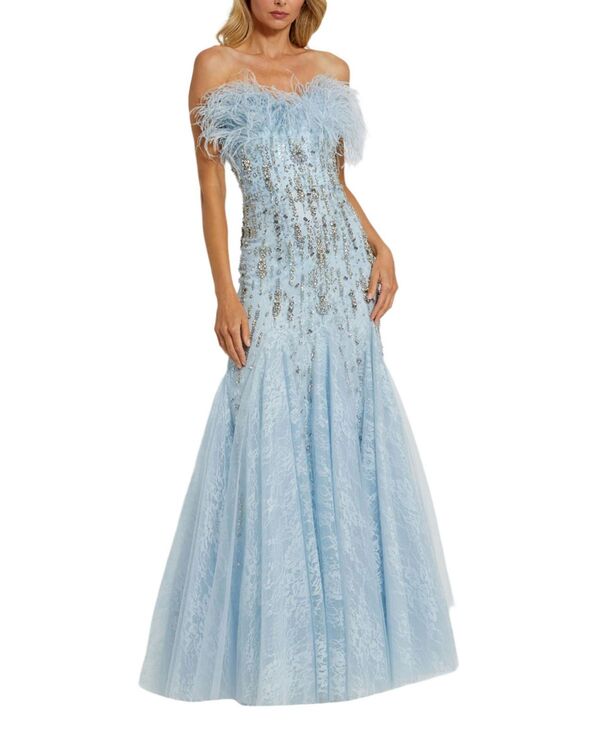 マックダガル レディース トップス ワンピーストラップレス Mac Duggal Strapless Feather Embellished Mermaid Gown Powder Blue ブルー