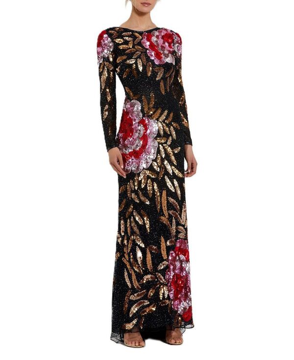 マックダガル レディース トップス ワンピース フラワー柄 スパンコール フラワー Mac Duggal Floral Patter Sequin Long Sleeve Dress Black Multi ブラック｜ReVida 店