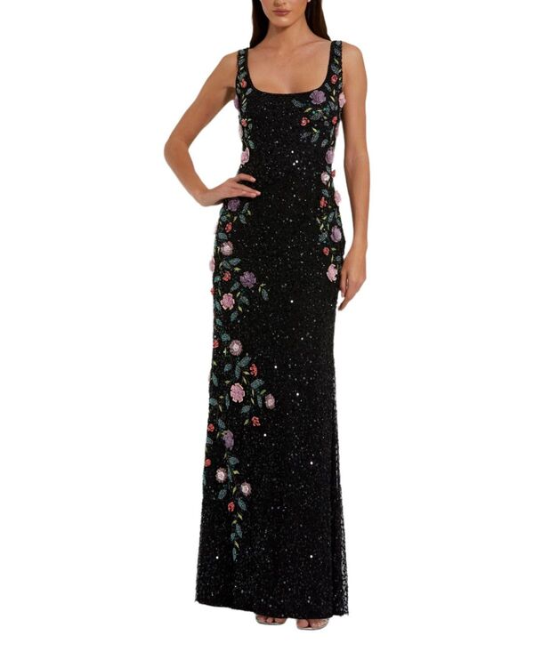 マックダガル レディース トップス ワンピース フラワー柄 メッシュ ノースリーブ フラワー Mac Duggal Floral Beaded Mesh Scoop Neck Sleeveless Gown Black Multi ブラック｜ReVida 店