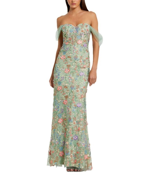 マックダガル レディース トップス ワンピース Mac Duggal Off The Shoulder Bustier Emboridered Net Gown Sage Multi セージ｜ReVida 店