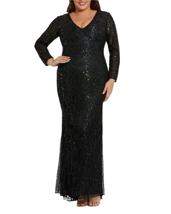 マックダガル レディース トップス 衣裳 フリンジ Mac Duggalong Sleeve V Beck Beaded Fringe Gown Black 黒いこと レディースファッション-ワンピース