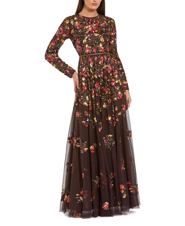 マックダガル レディース トップス 衣裳 お花柄 お花 Mac Duggalong Sleeve Floral Embellished Eveningown Espresso Multi マルチ色合い レディースファッション-ワンピース