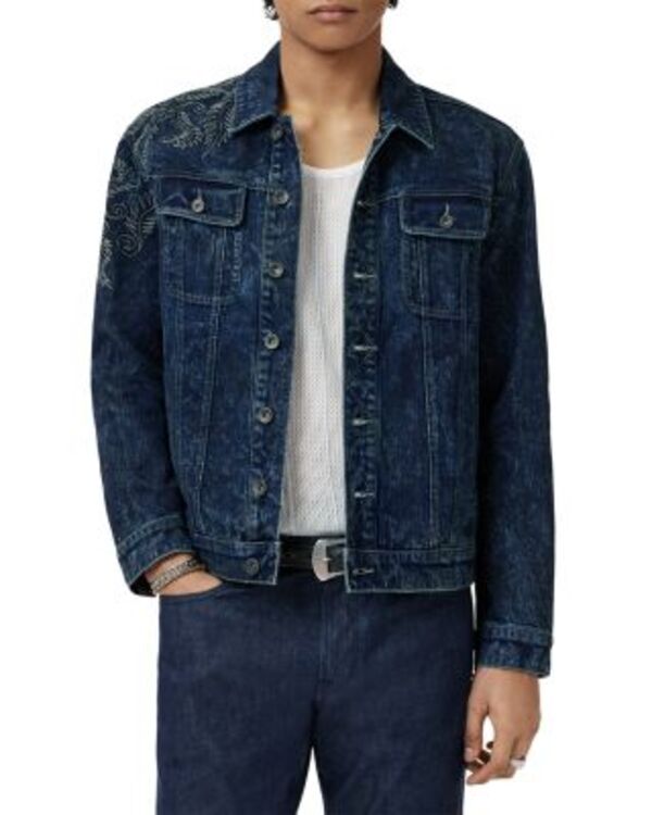 ジョンバルベイトス メンズ アウター ジャケット・ブルゾン レギュラーフィット 刺繍 デニム John Varvatos Anthony Regular Fit Embroideredenim Trucker Jacket Blue Smoke スモーク|ReVida 店