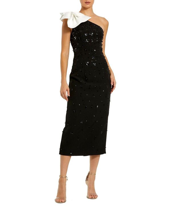 マックダガル レディース トップス ワンピース クレープ ミディ Mac Duggal Beaded Crepe One Shoulder Midi Dress with Bow Black and White ホワイト|ReVida 店