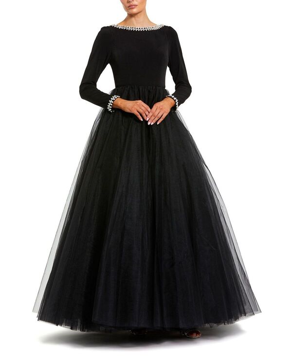 マックダガル レディース トップス ワンピース チュール スカート ジャージー Mac Duggal Embellished Jersey Long Sleeve Ballgown with Tulle Skirt Black ブラック｜ReVida 店