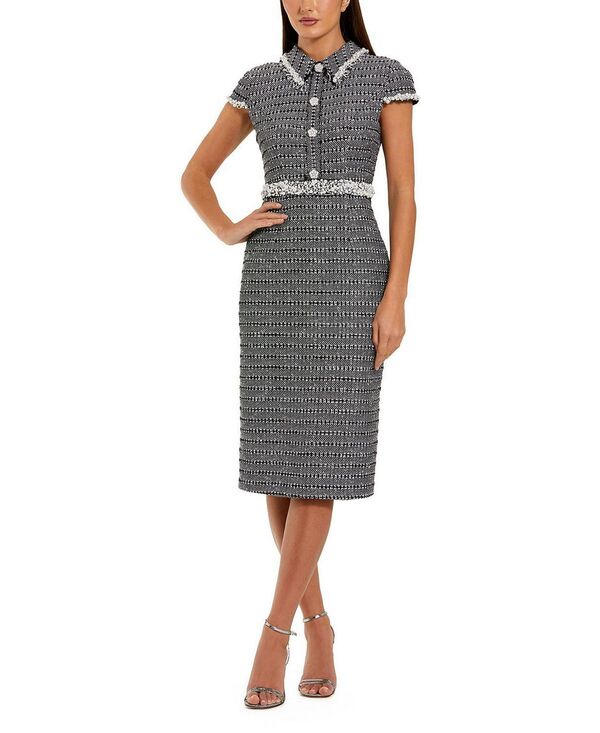 マックダガル レディース トップス ワンピース ミディ キャップ Mac Duggal Cap Sleeve Boucle Midi Dress Black White ホワイト｜ReVida 店