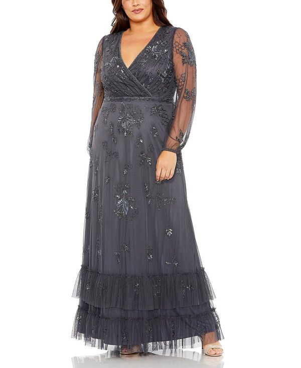 マックダガル レディース トップス 衣裳 Vのど首 ティアード Mac Duggal Puff Sleeve V-Neck Tiered Embellished Gown Charcoal 暗灰色 レディースファッション-ワンピース