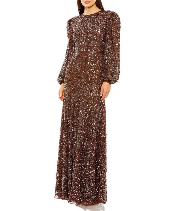 マックダガル レディース トップス 衣裳 シアー Mac Duggal Sheer Long Sleeve Beaded Gown Chocolate 黒茶 レディースファッション-ワンピース